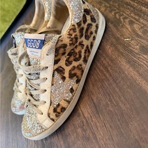 Golden Goose Brown Leopard Sneakers with Silver Glitter